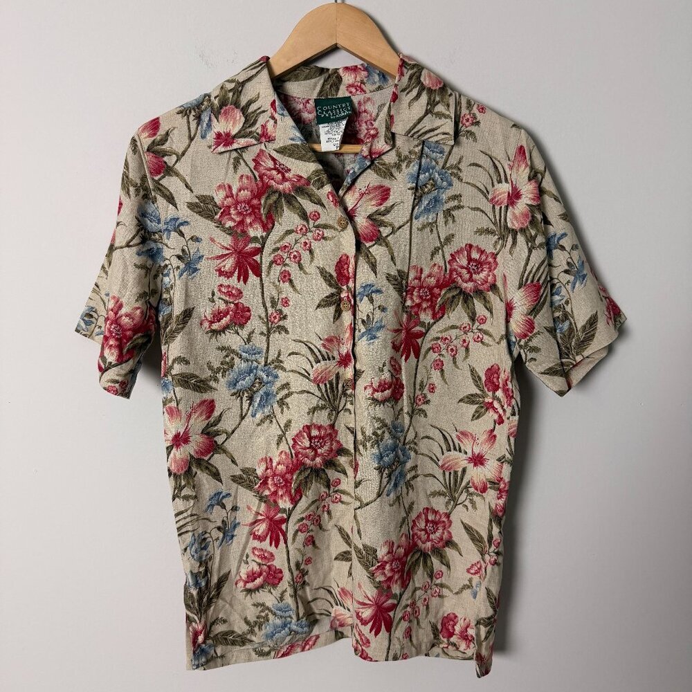 2/$30 Country Classics Petites by Koret Floral Linen Blend Button Down Top